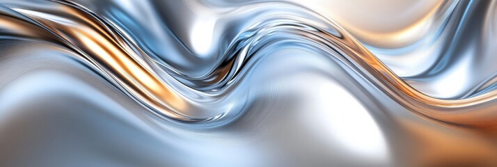 Fototapete - Abstract 3D design featuring smooth, flowing metallic textures with hints of warm and cool tones transforming the space. Generative AI