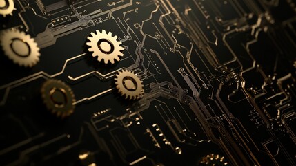 Poster - Intricate Close-Up of Golden Gears on a Circuit Board Surface Highlighting Technology, Engineering, and Innovation in a Modern Digital Era