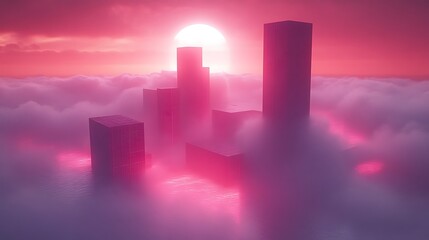 Wall Mural - Pink sunset over futuristic city in clouds.