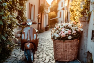 Poster - Vintage scooter parked on a charming cobblestone street with a basket full of fresh flowers during golden hour. Generative AI