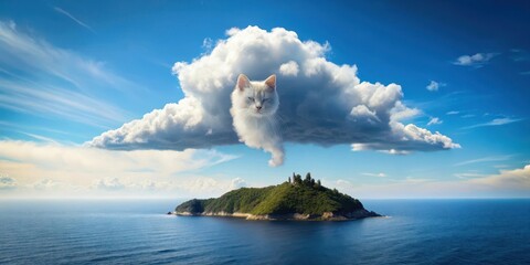 Wall Mural - Cat-shaped cloud formation over a mysterious island, foggy, misty, cloudy, atmospheric, oceanic, wildlife, nature, silhouette, shape