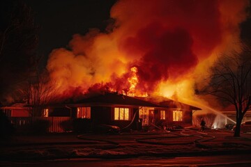 A house engulfed in flames with thick smoke billowing into the night sky.