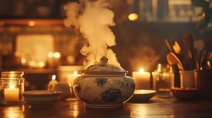 Elegant ceramic pot with steam in cozy candlelit kitchen setting