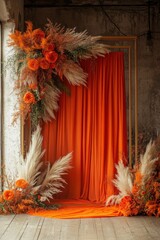 Wall Mural - A large orange curtain with a white trim is draped over a corner of a room