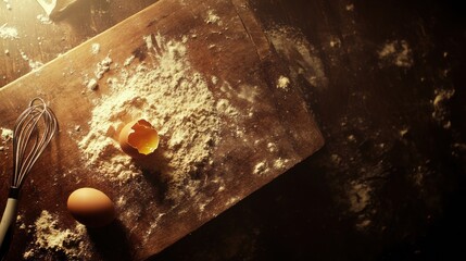 Aufkleber - Wooden board with flour and cracked egg ready for baking in cozy kitchen setting. Generative AI