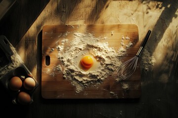 Aufkleber - Wooden board with flour and cracked egg ready for baking in a cozy kitchen setting. Generative AI