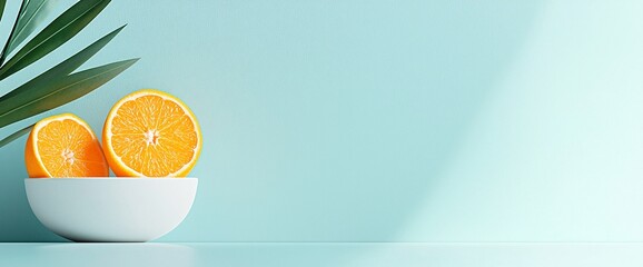 Wall Mural - Two orange halves in a bowl on a blue background.