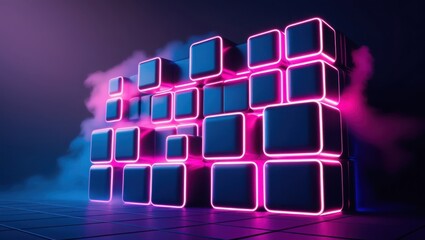 Wall Mural - Neon Lit Cubes Form Abstract Digital Structure