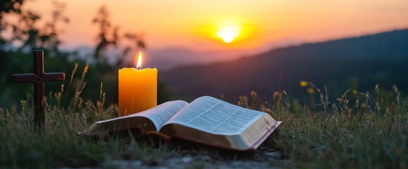 Wall Mural - A serene sunset scene featuring a Bible, candle, and cross in nature.