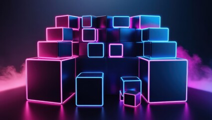 Wall Mural - Neon Lit Cubes Abstract Geometric Structure