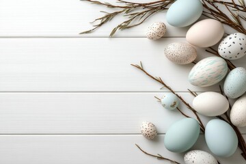 Wall Mural - This beautifully serene Easter scene features elegantly and delicately painted pastel eggs that are nestled among twigs on a rustic wooden surface, collectively creating a truly charming atmosphere