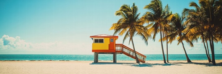 Fototapete - Bright lifeguard station beside palm trees on sunny Miami beach during a clear day. Generative AI