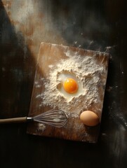 Aufkleber - Top down view of a wooden board with flour and a cracked egg ready for baking delicious pastries. Generative AI