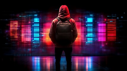 hooded figure facing vibrant digital data stream.