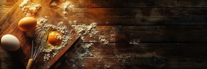 Poster - Wooden board with flour and cracked egg in a cozy kitchen setting during afternoon cooking. Generative AI