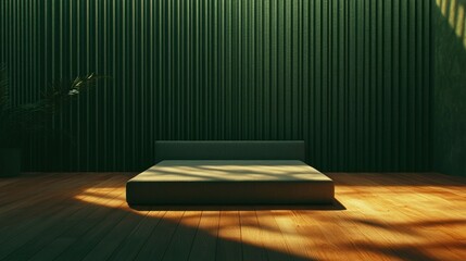 Wall Mural - Minimalist bedroom with green wall, platform bed, sunlight.