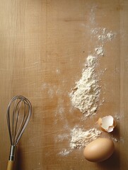 Aufkleber - Wooden board with flour and cracked egg ready for baking early morning food preparation. Generative AI