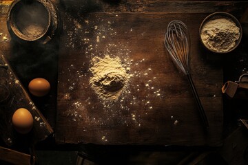 Poster - Wooden board with flour and cracked egg showcasing baking preparation in a cozy kitchen setting. Generative AI