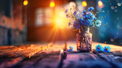 Wall Mural - Blue wildflowers in glass vase on rustic wooden table at sunset.