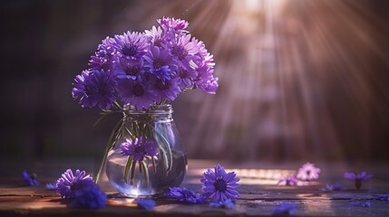 Wall Mural - Purple flowers in glass vase, sunlit.