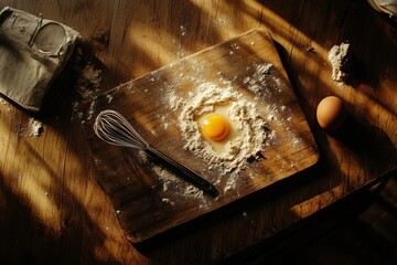 Aufkleber - Wooden board with flour circle and cracked egg in kitchen light during baking process. Generative AI