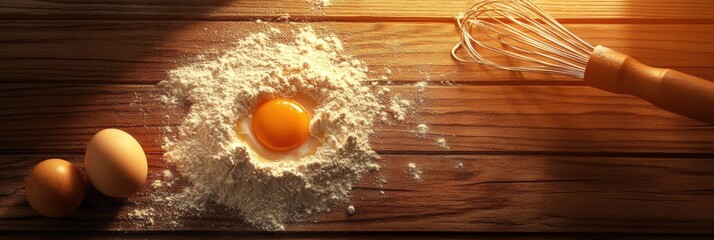 Poster - Wooden board with scattered flour and a cracked egg ready for baking on a sunny kitchen countertop. Generative AI