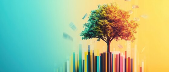 Canvas Print - Secure Growth Concept. A vibrant tree rises above colorful vertical bars, symbolizing growth and harmony in a dynamic, artistic landscape.