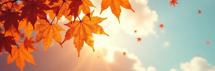 Wall Mural - Amber colored maple leaves against a soft, gradient sky, sky, color, amber