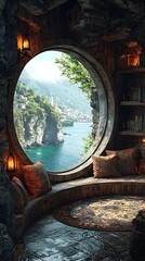 Wall Mural - A medieval art studio with a circular window overlooking a coastal cityscape