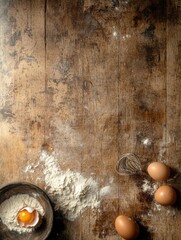Aufkleber - Top down view of a rustic wooden board with flour, eggs, and a cracked egg ready for baking or cooking. Generative AI