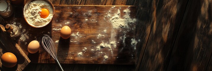 Poster - Top down view of a wooden kitchen board with flour and a cracked egg representing baking preparation scene. Generative AI