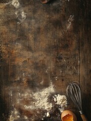 Poster - Wooden board with scattered flour and cracked egg ready for baking. Generative AI