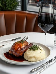 Wall Mural - Savoring crispy duck confit with garlic mashed potatoes in a cozy restaurant setting closeup view of gourmet cuisine