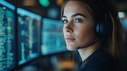Focused female programmer working late at night.