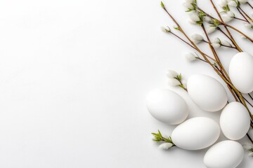 Wall Mural - A Serene and Beautiful Easter Arrangement Featuring White Eggs Surrounded by Blossoming Branches, Perfect for Celebrating the Holiday and Creating Joyful Moments with Family and Friends