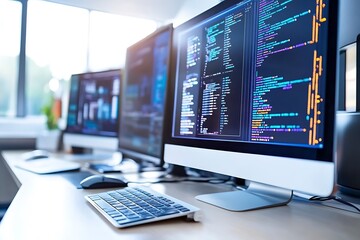 Modern Computer Setup with Coding Display. Concept of Software Development and Technology.