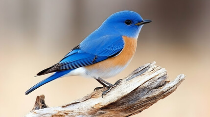 Wall Mural - Vibrant Bluebird perched on weathered wood, blurred nature background, ideal for nature documentaries.