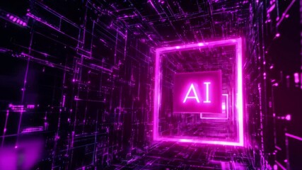 Pink AI letters in cyberspace. Virtual reality, programming and information technology of the future. Artificial intelligence, digital code data and cybersecurity