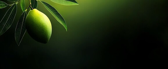 Wall Mural - Single green mango hanging from a branch with leaves against a dark background.