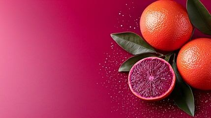 Wall Mural - Two whole blood oranges and a halved one with leaves on a pink background.