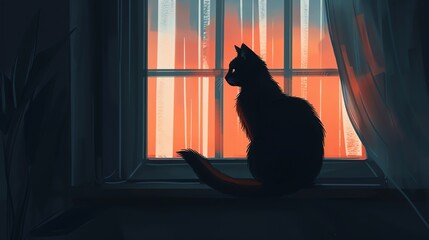 Wall Mural - Black cat silhouetted at sunset window.
