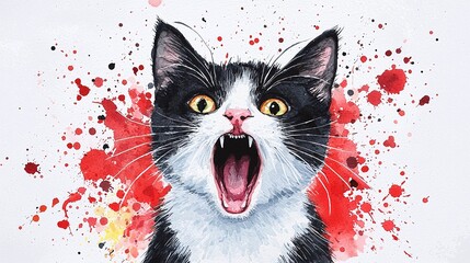 Wall Mural - A watercolor painting of a tuxedo cat with an open mouth against a red splatter background.