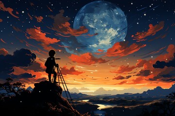 Wall Mural - Boy with telescope on mountain peak, observing a large planet in the night sky.