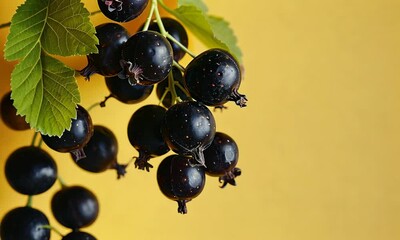 Wall Mural - Cluster of blackcurrants with green leaves on yellow background