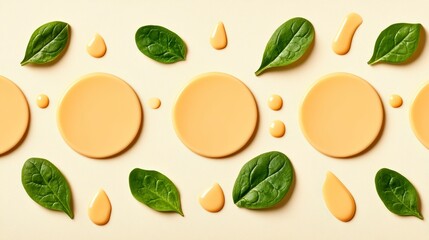 Wall Mural - Aesthetic arrangement of yellow sauce circles and fresh spinach leaves on a soft beige background for culinary and food photography.