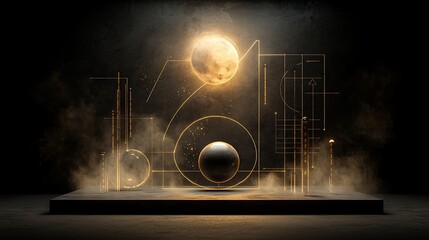 Canvas Print - dark moody scene with glowing moon, geometric shapes, and spheres.