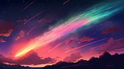 Wall Mural - Colorful comet streaks across night sky over mountains.