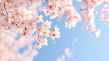 Wall Mural - Blossoming cherry flowers create stunning display against clear blue sky, evoking feelings of spring and renewal. delicate petals and vibrant colors enhance beauty of nature