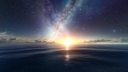 Wall Mural - Serene ocean sunrise with a stunning night sky filled with stars and the milky way. Animation looping video background. Generated with AI
