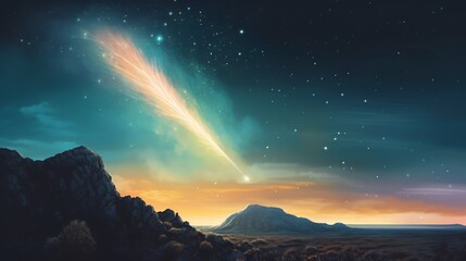 Wall Mural - Comet streaks across night sky over mountains.